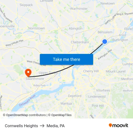 Cornwells Heights to Media, PA map
