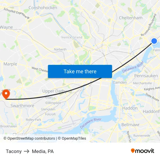 Tacony to Media, PA map