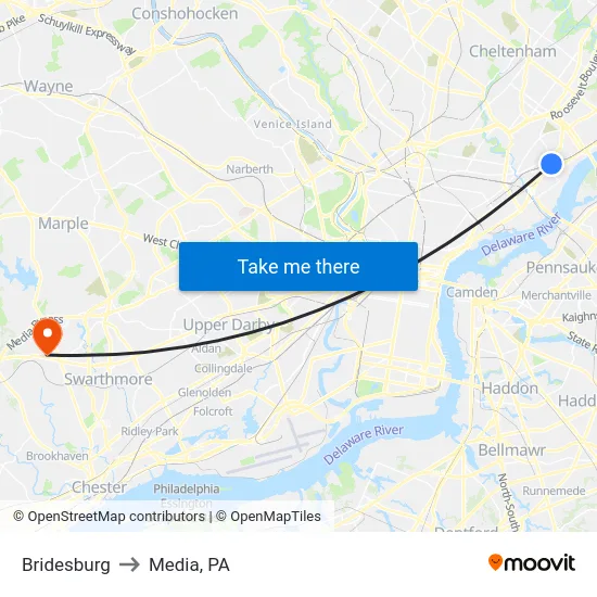 Bridesburg to Media, PA map