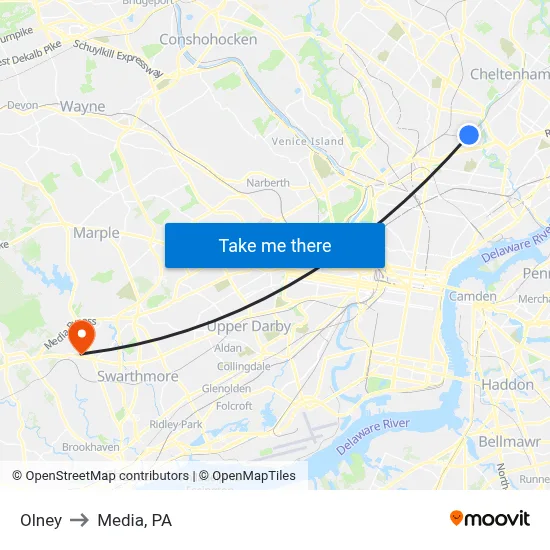 Olney to Media, PA map