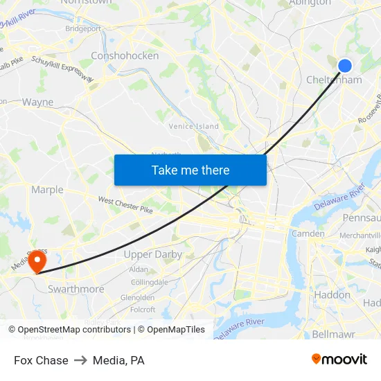 Fox Chase to Media, PA map