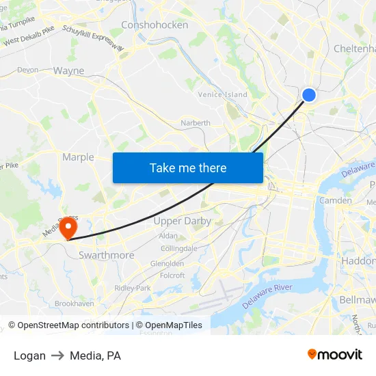 Logan to Media, PA map