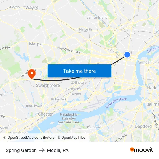 Spring Garden to Media, PA map