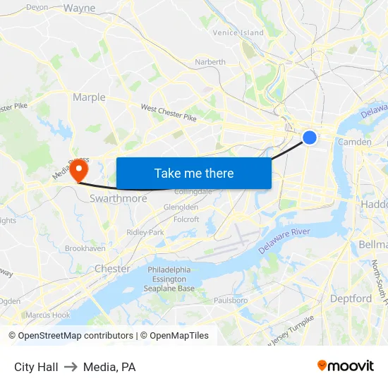 City Hall to Media, PA map