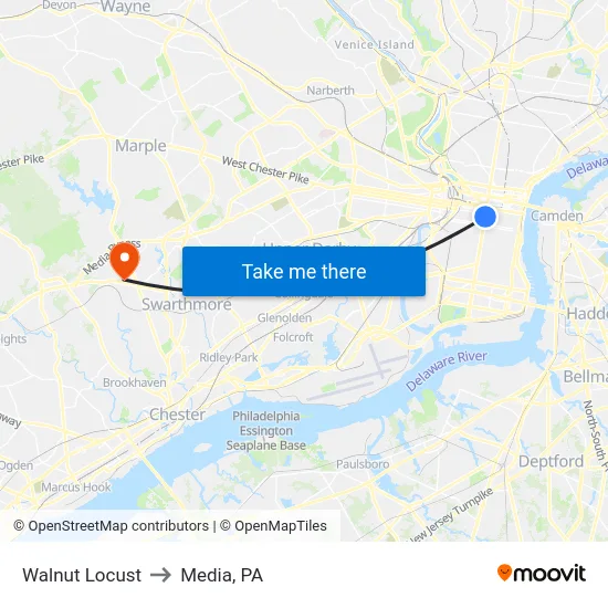 Walnut Locust to Media, PA map