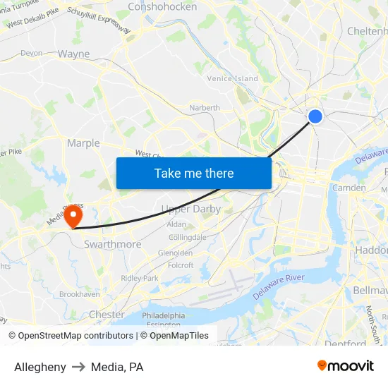 Allegheny to Media, PA map