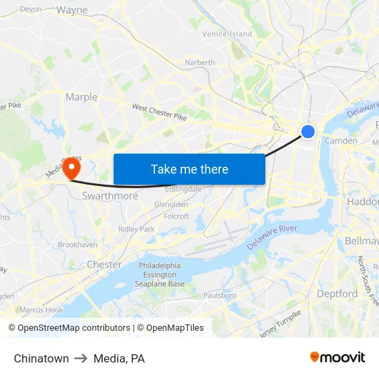 Chinatown to Media, PA map