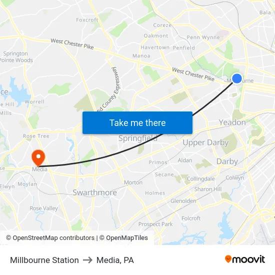 Millbourne Station to Media, PA map