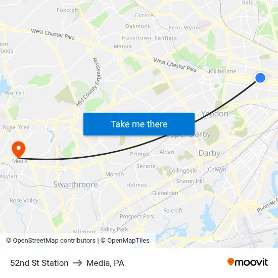 52nd St Station to Media, PA map