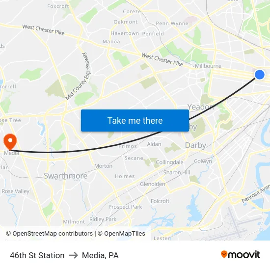 46th St Station to Media, PA map