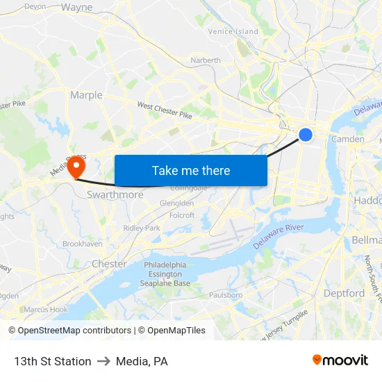 13th St Station to Media, PA map