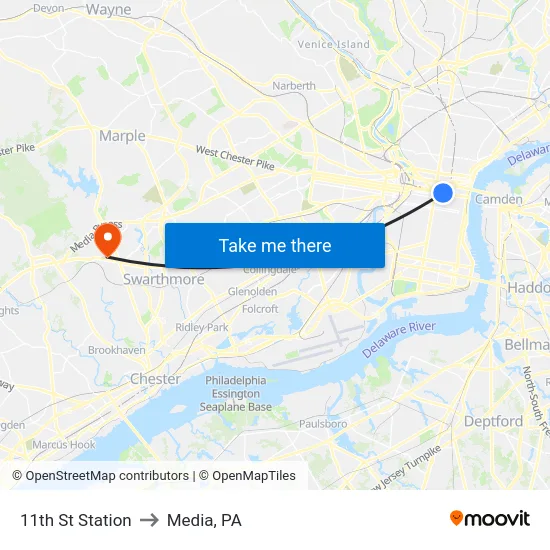 11th St Station to Media, PA map