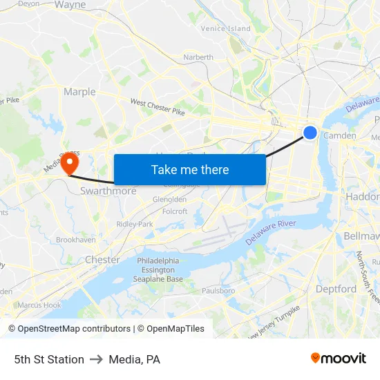 5th St Station to Media, PA map