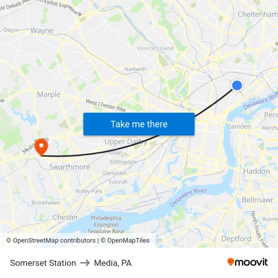 Somerset Station to Media, PA map