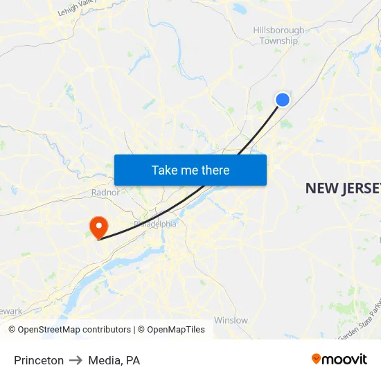 Princeton to Media, PA map