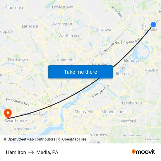 Hamilton to Media, PA map