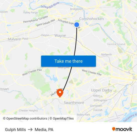 Gulph Mills to Media, PA map