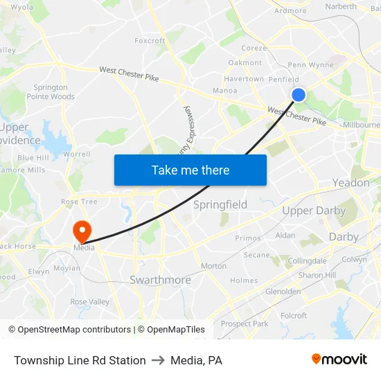 Township Line Rd Station to Media, PA map
