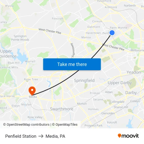 Penfield Station to Media, PA map