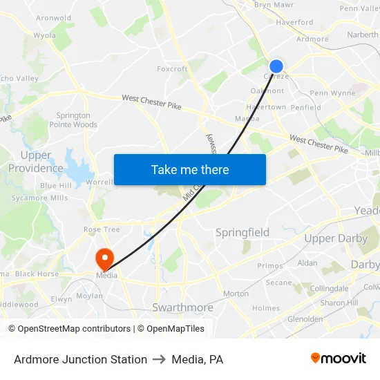 Ardmore Junction Station to Media, PA map
