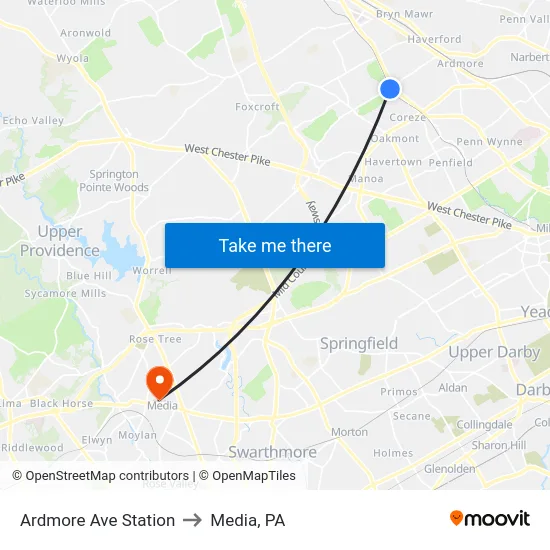 Ardmore Ave Station to Media, PA map
