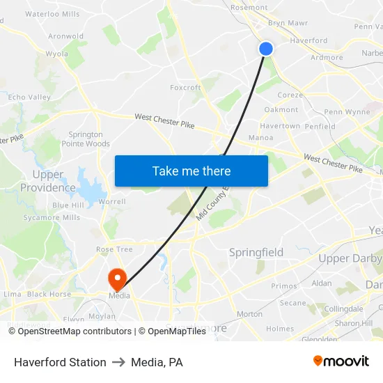 Haverford Station to Media, PA map