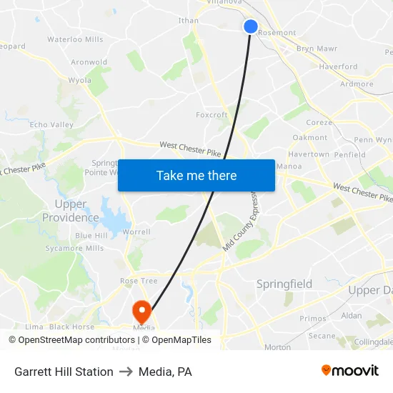 Garrett Hill Station to Media, PA map
