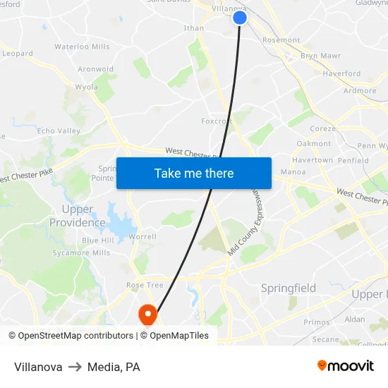 Villanova to Media, PA map