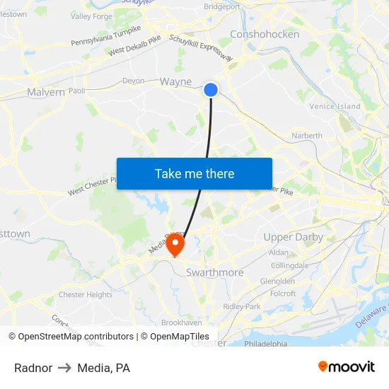 Radnor to Media, PA map