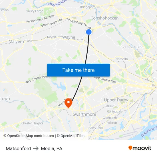 Matsonford to Media, PA map