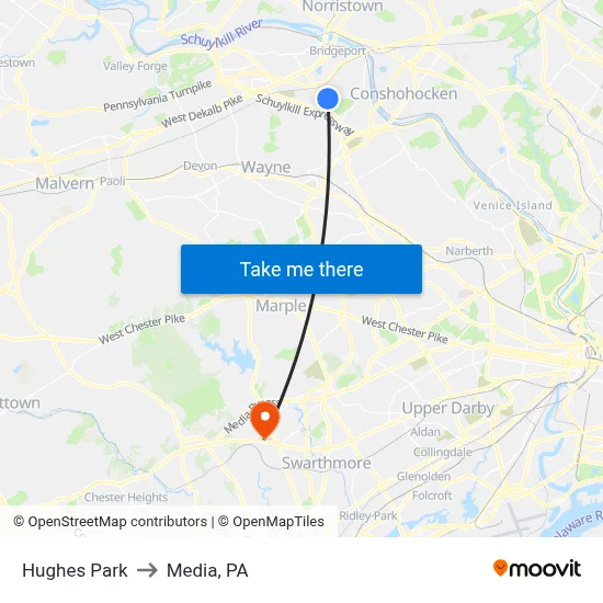 Hughes Park to Media, PA map