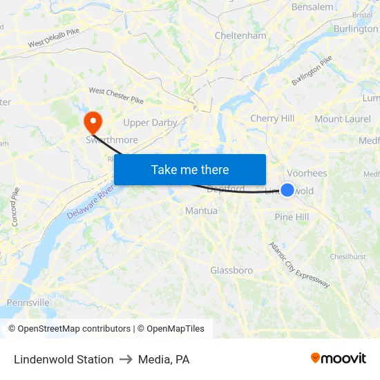 Lindenwold Station to Media, PA map
