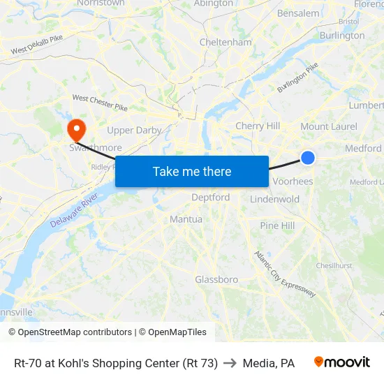 Rt-70 at Kohl's Shopping Center (Rt 73) to Media, PA map