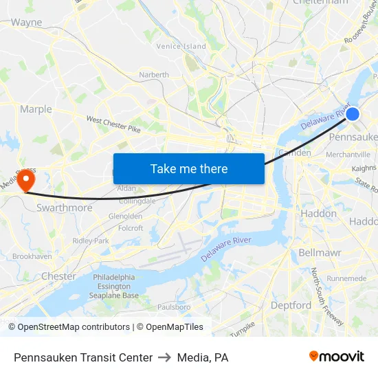 Pennsauken Transit Center to Media, PA map