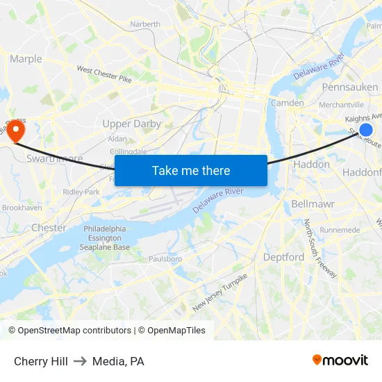 Cherry Hill to Media, PA map