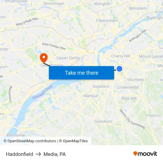 Haddonfield to Media, PA map