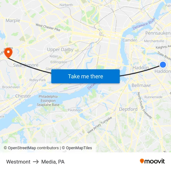 Westmont to Media, PA map