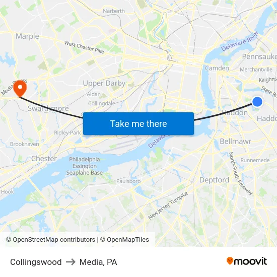 Collingswood to Media, PA map