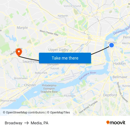 Broadway to Media, PA map