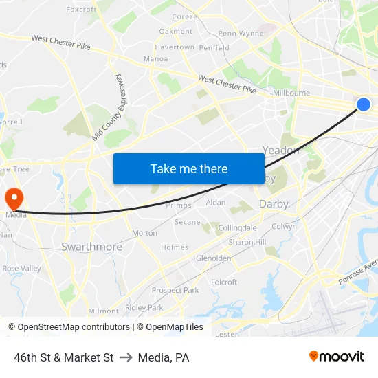 46th St & Market St to Media, PA map