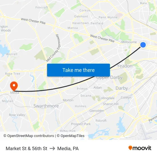Market St & 56th St to Media, PA map