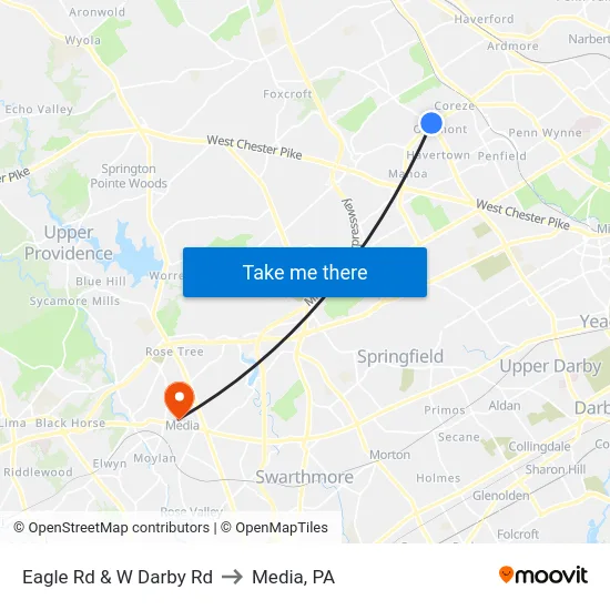 Eagle Rd & W Darby Rd to Media, PA map