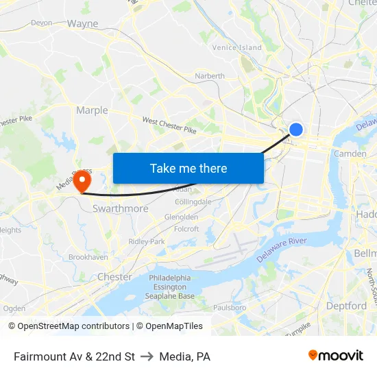 Fairmount Av & 22nd St to Media, PA map