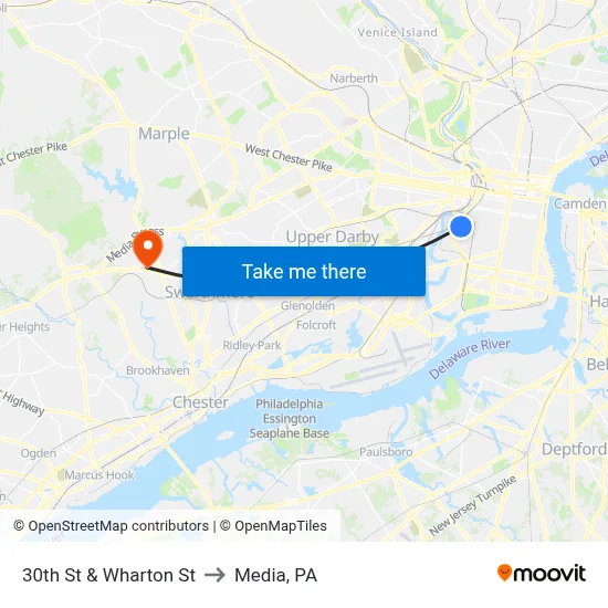 30th St & Wharton St to Media, PA map