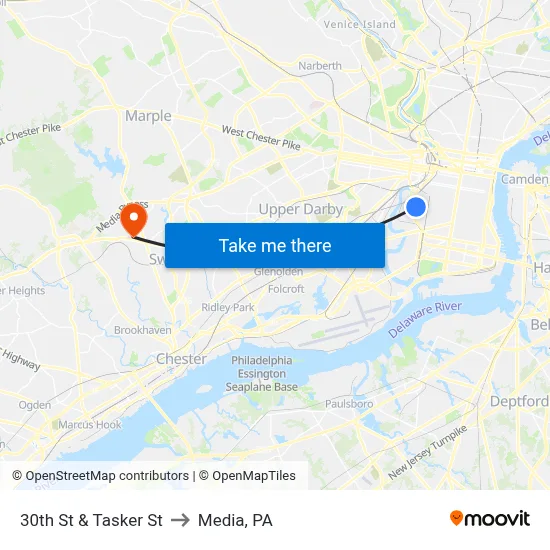 30th St & Tasker St to Media, PA map