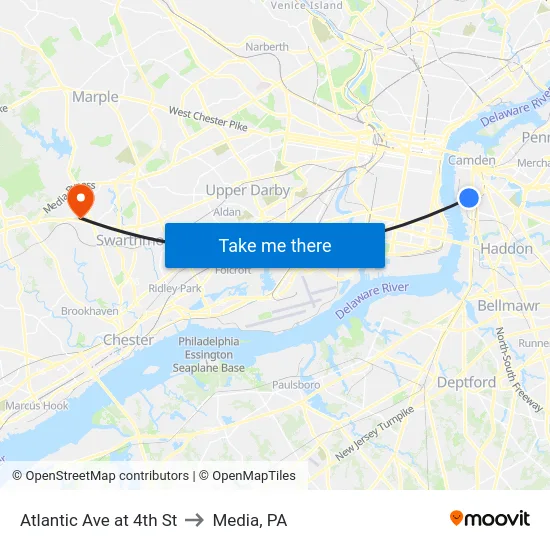 Atlantic Ave at 4th St to Media, PA map