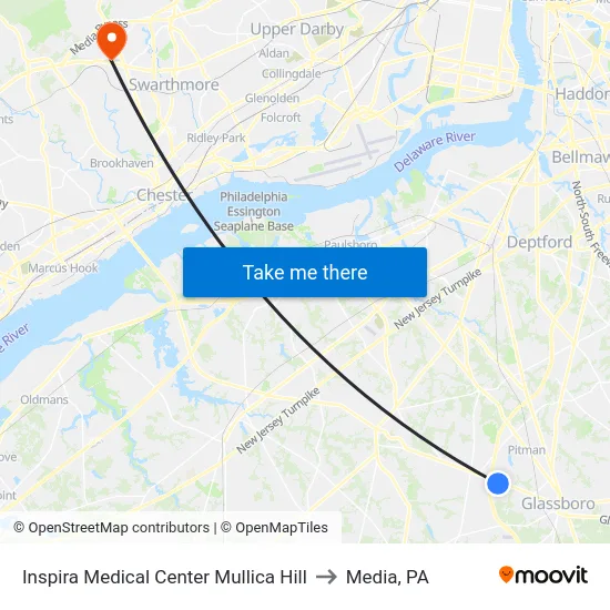 Inspira Medical Center Mullica Hill to Media, PA map