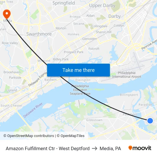 Amazon Fulfillment Ctr - West Deptford to Media, PA map