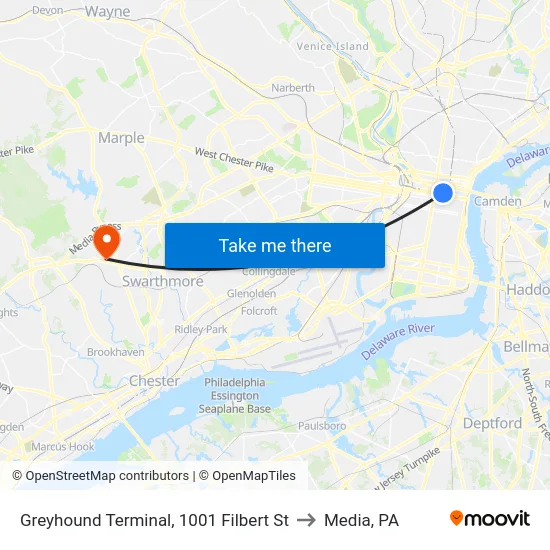 Greyhound Terminal, 1001 Filbert St to Media, PA map