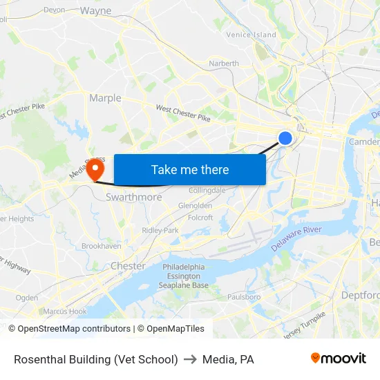 Rosenthal Building (Vet School) to Media, PA map